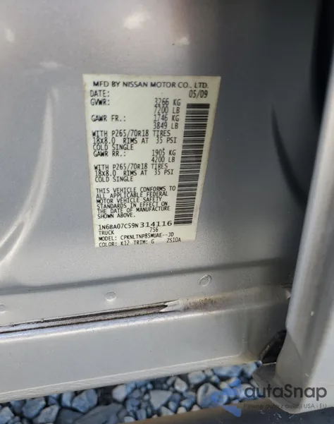 2009 Nissan Titan Xe from USA, damaged, VIN 1N6BA07C59N314116